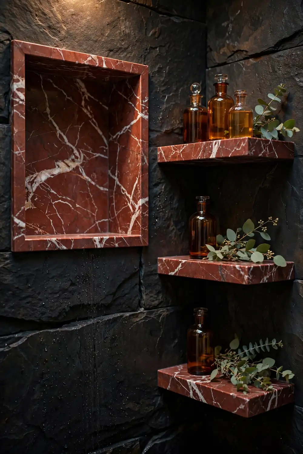 Red Marble Shower Niche and Floating Shelves Shower niche and floating shelves in red marble bathroom stone with white veining