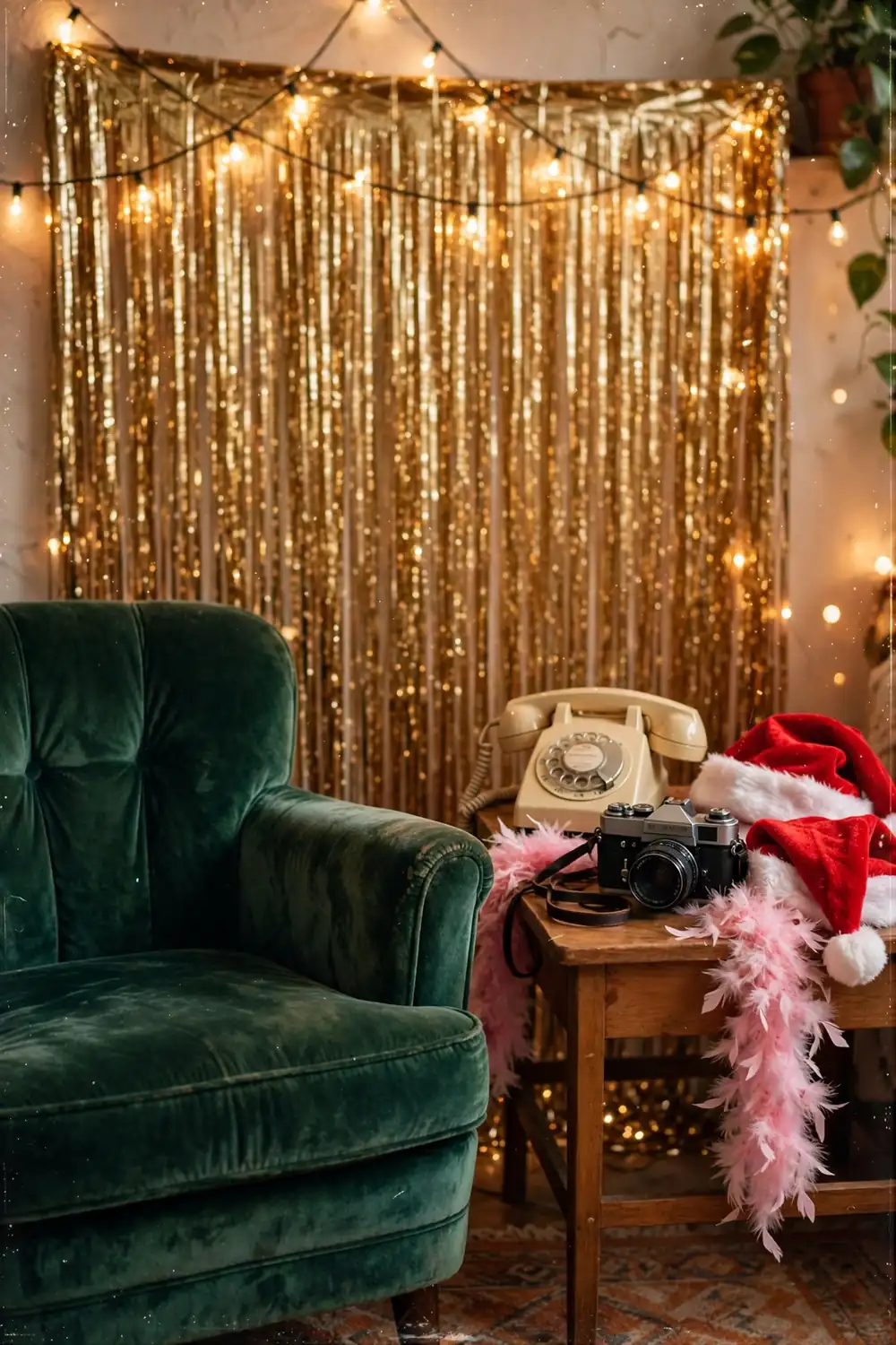 Retro photo inspired Christmas decor selfie corner with velvet armchair, tinsel curtain and vintage props