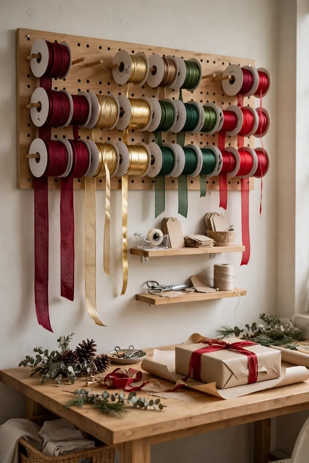 Wall mounted ribbon organizer with colorful spools on dowels, a tidy christmas wrapping station idea