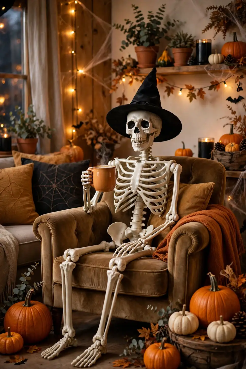 Skeleton Guest in the Armchair Skeleton guest sitting in an armchair halloween living room decor ideas wearing a witch hat with pumpkins