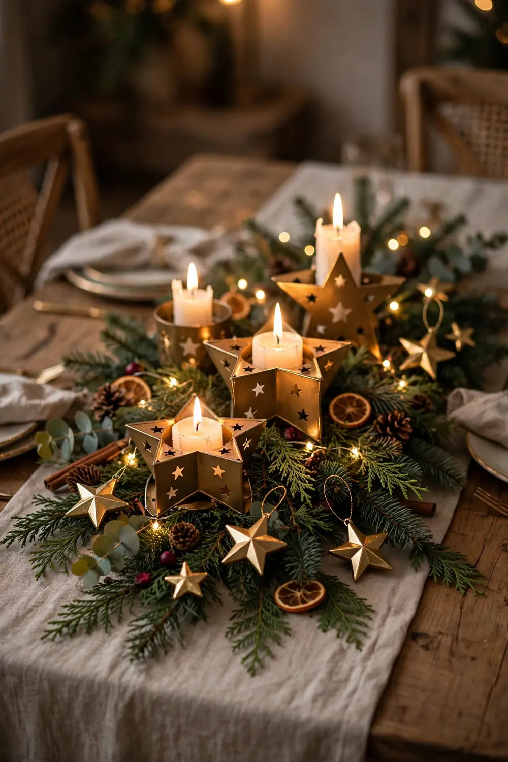 Star Motif Candle Christmas Centerpiece Star motif candle centerpiece, a sparkling christmas centerpiece idea with gold stars and candles
