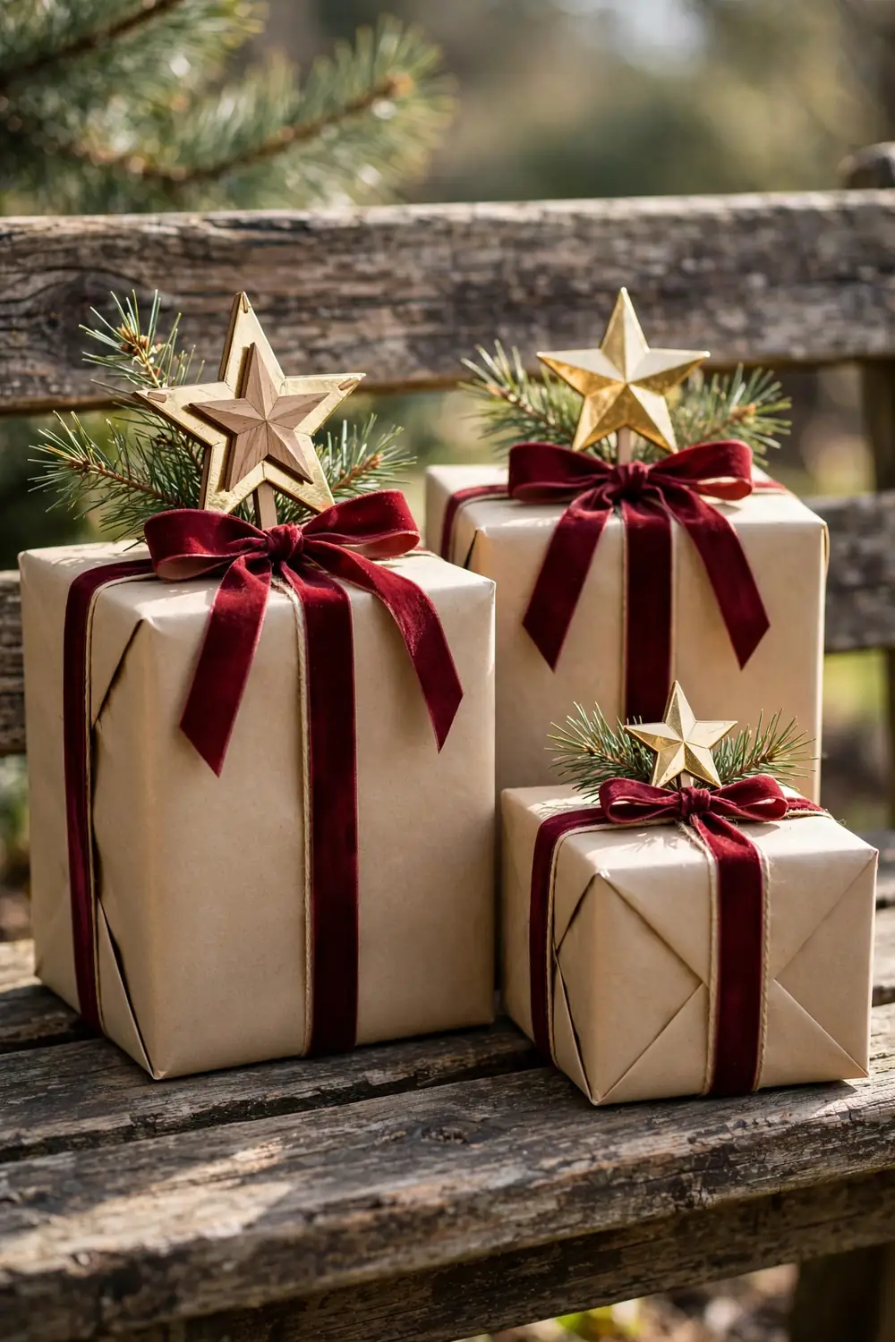 Star Gift Toppers Wrapping Christmas gifts wrapped in kraft paper topped with wooden and gold star gift toppers — star motif Christmas decor