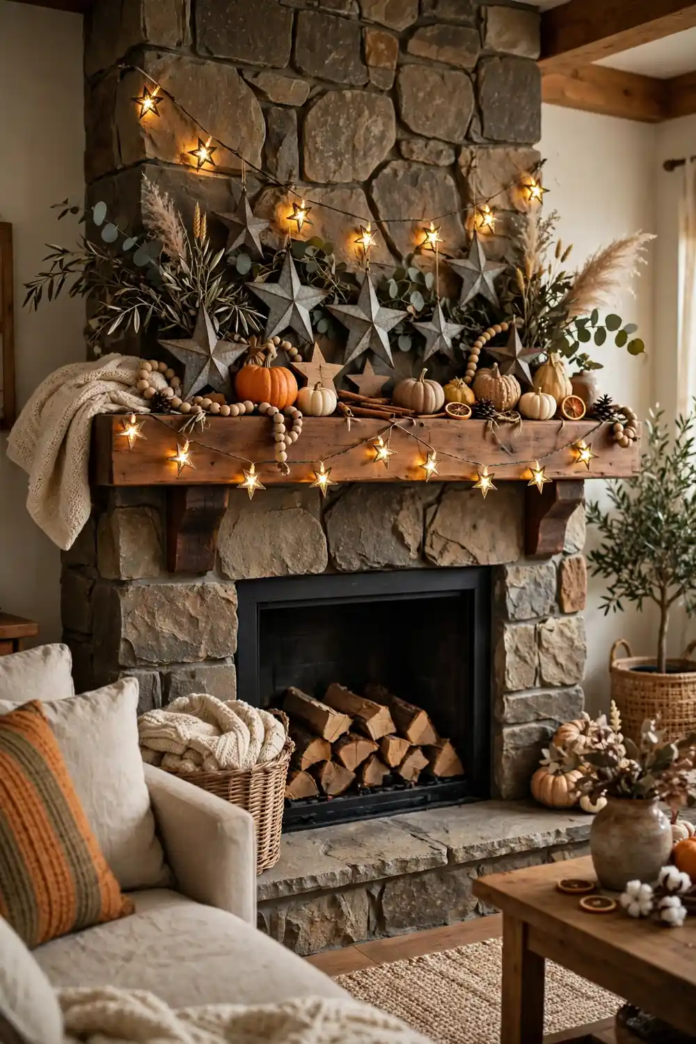 Thanksgiving mantel decor ideas with rustic metal stars, star string lights, and warm wood accents
