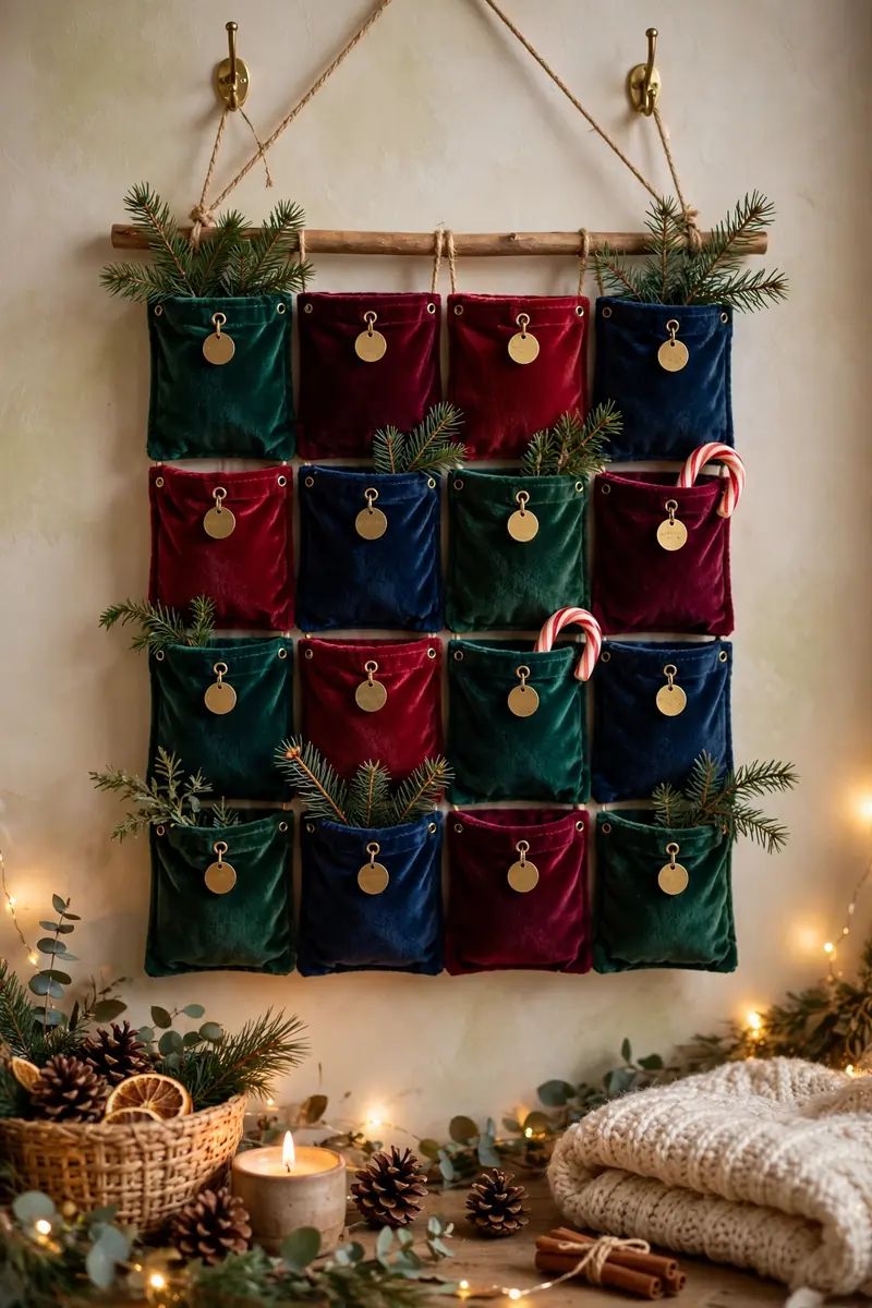 Velvet Christmas decor: handmade advent calendar with jewel-tone velvet pockets
