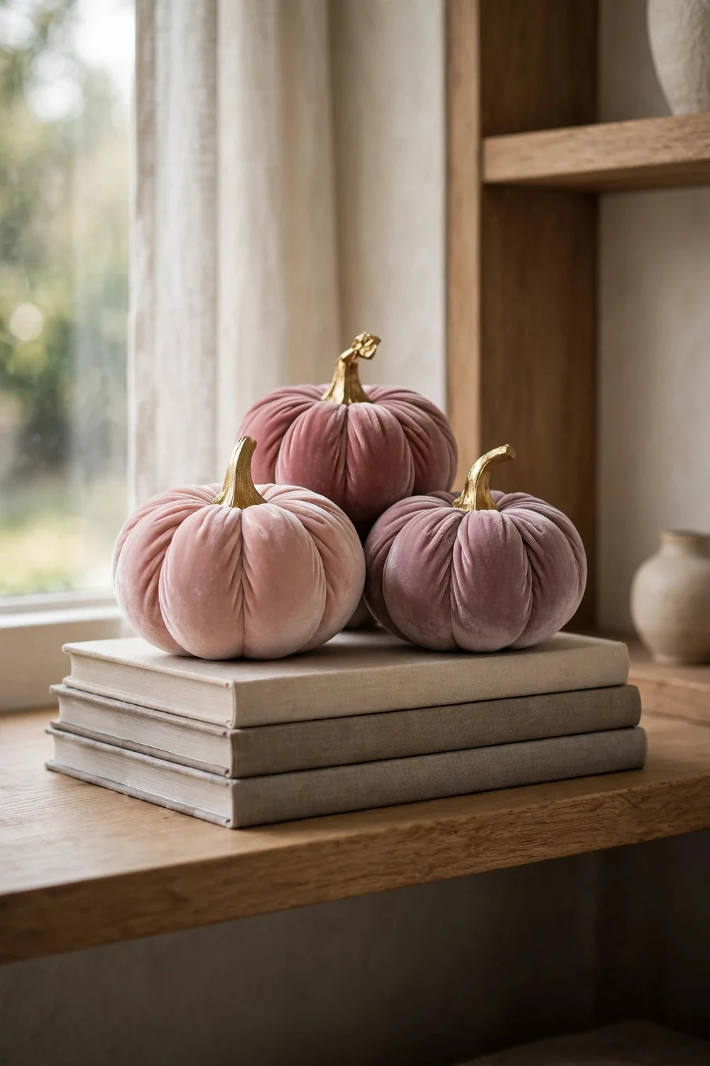 Pink velvet pumpkins with gold stems on coffee table books