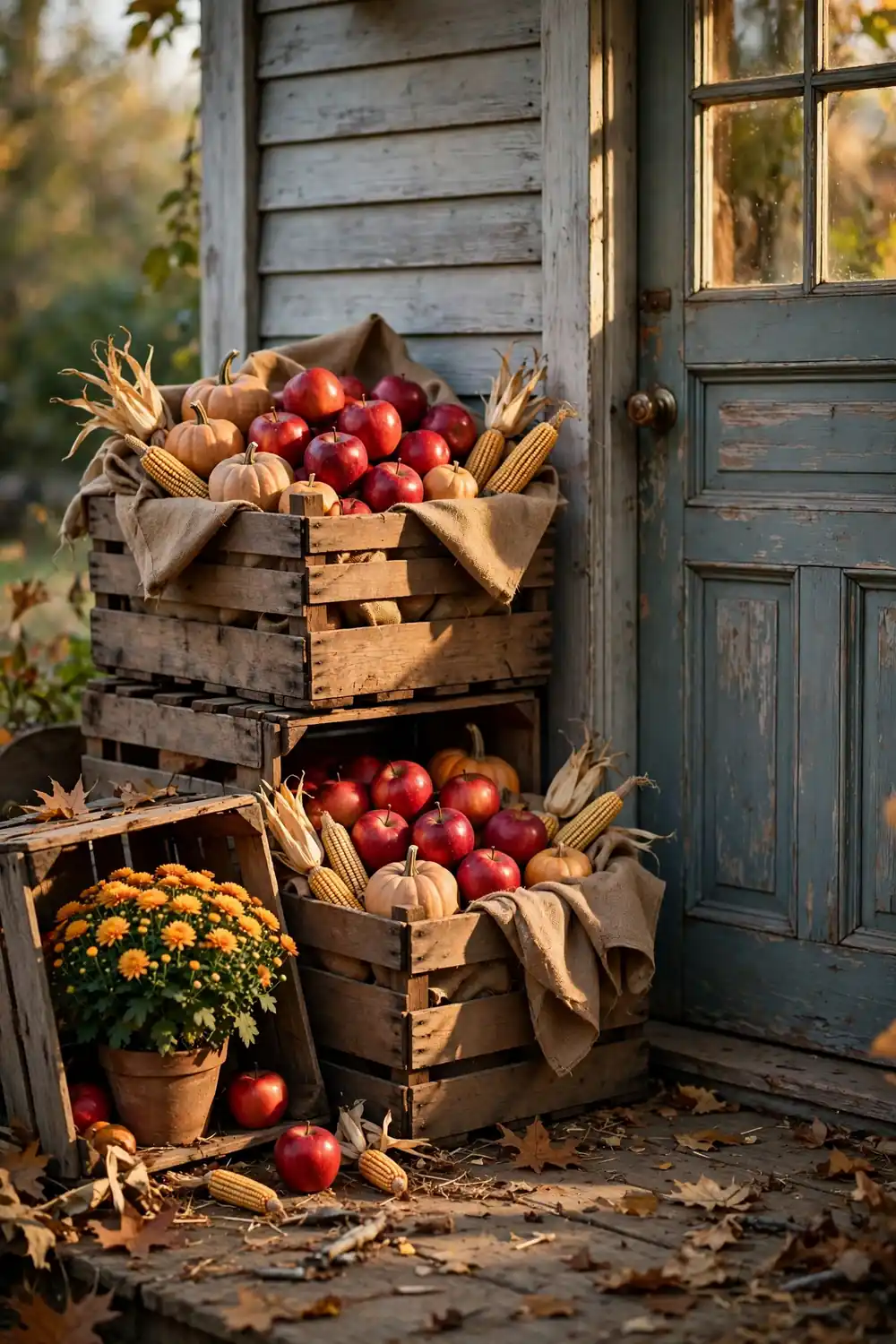 Vintage apple crates with harvest finds, a nostalgic thanksgiving porch decor idea
