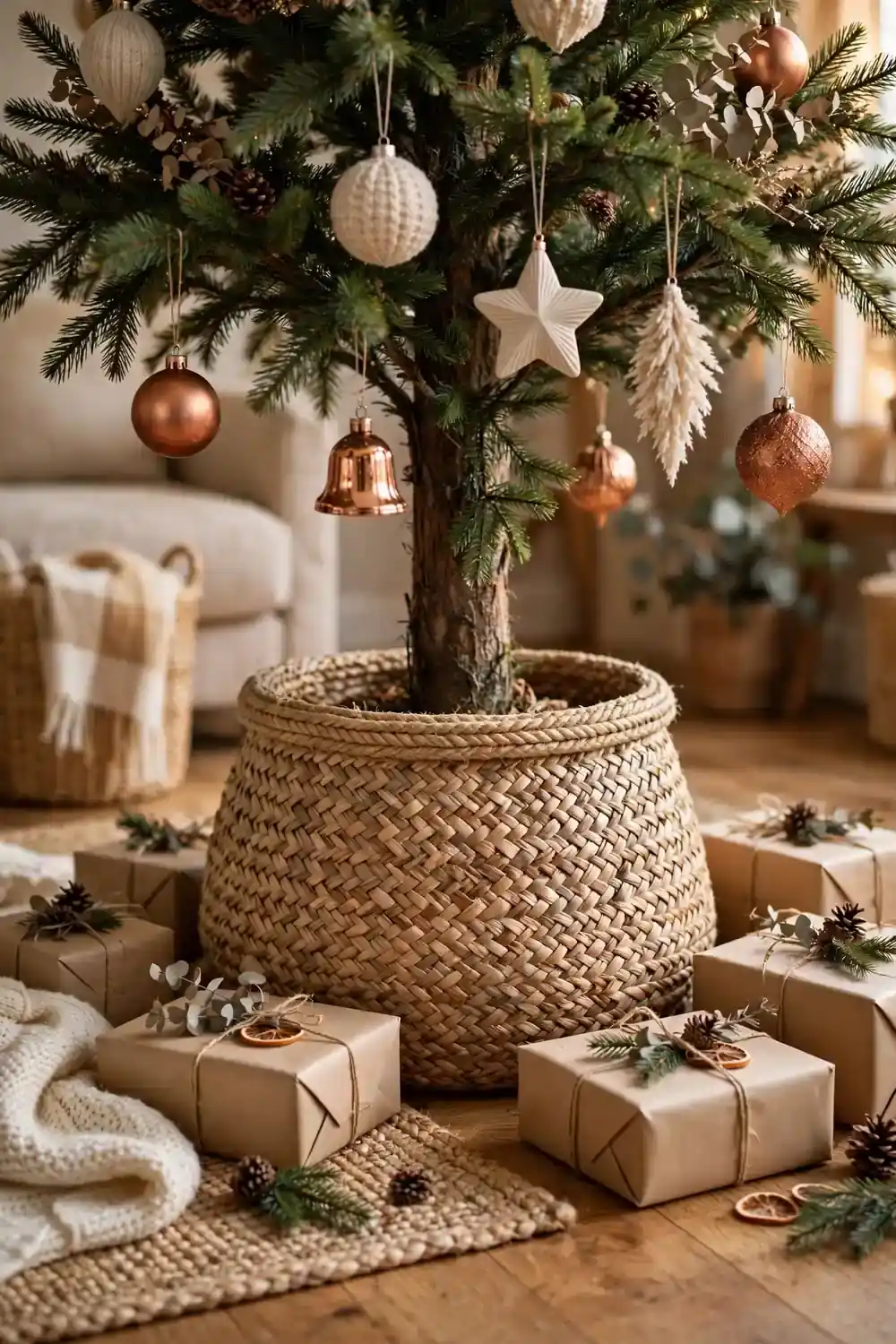 Christmas tree with a woven rattan collar base instead of a skirt, a modern christmas tree decor idea