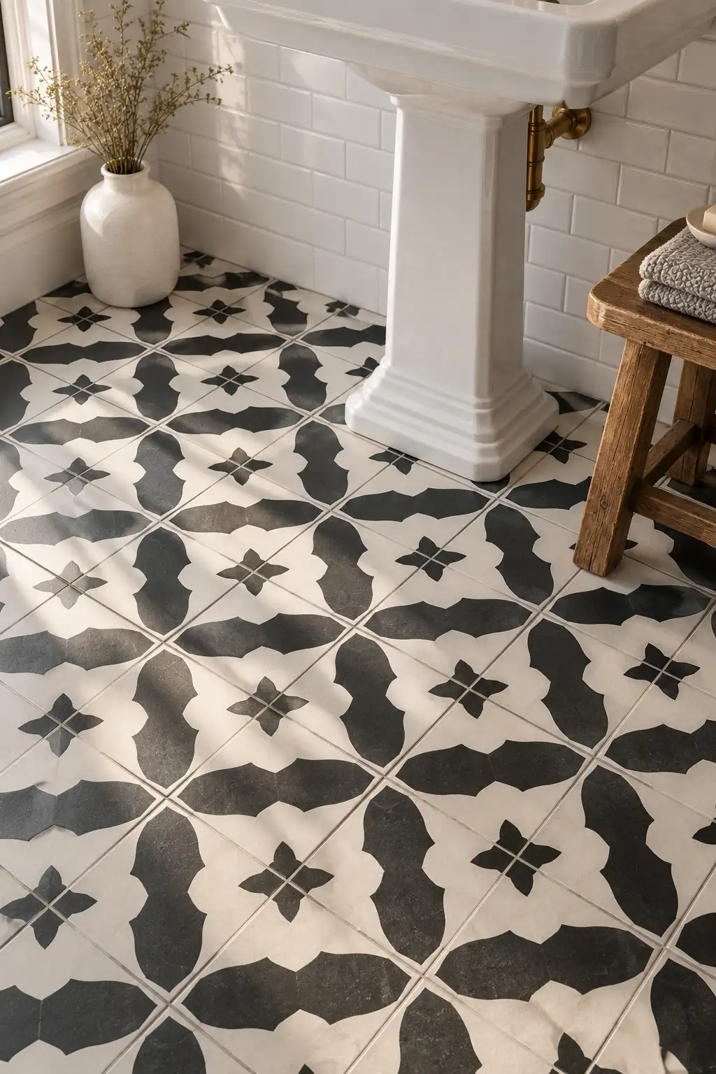 Modern bathroom with bold geometric patterned floor tiles paired with simple walls to create a strong visual focal point.