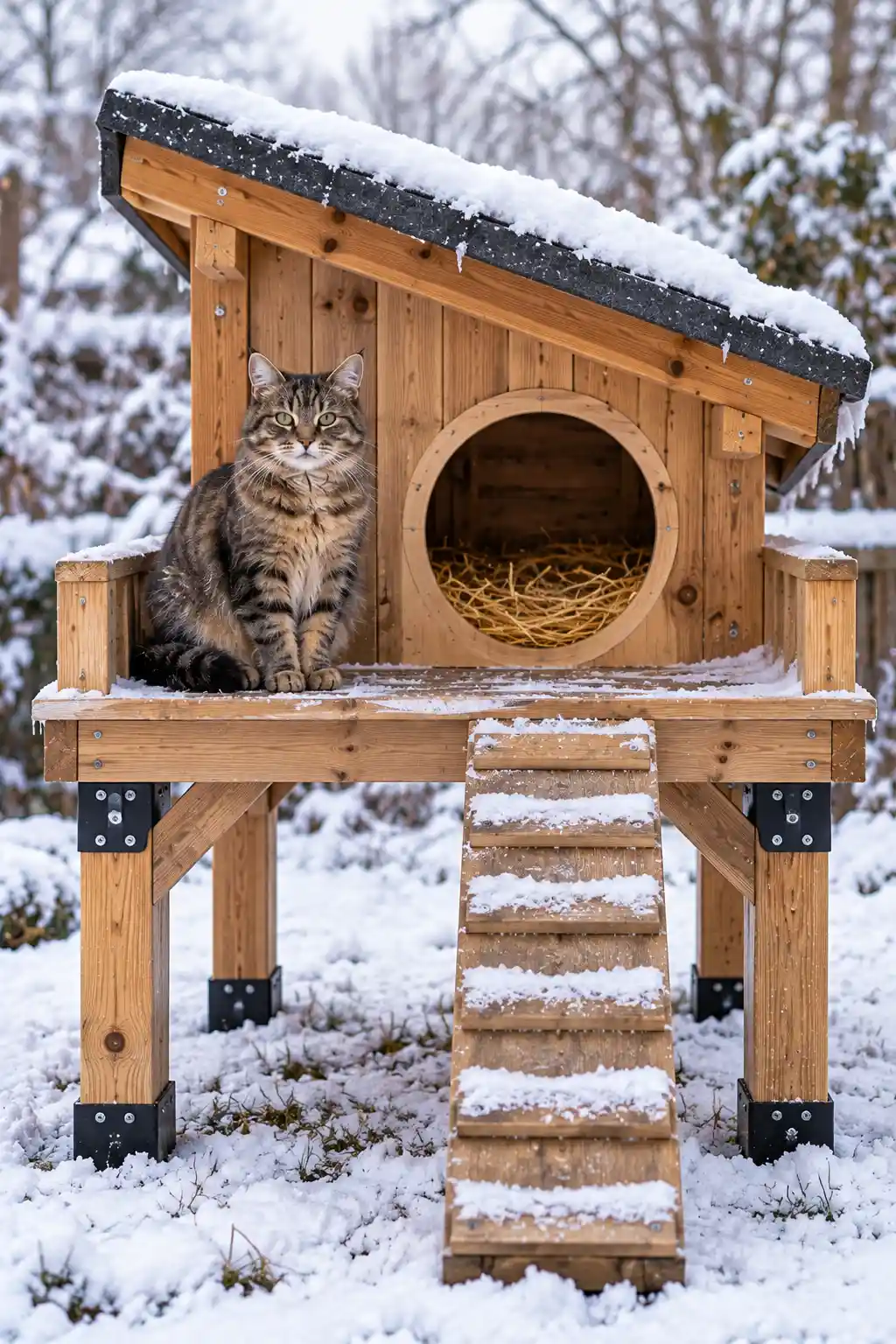 Raised wooden winter cat hut on a pallet platform with a slanted waterproof roof and elevated floor for protection from cold ground.