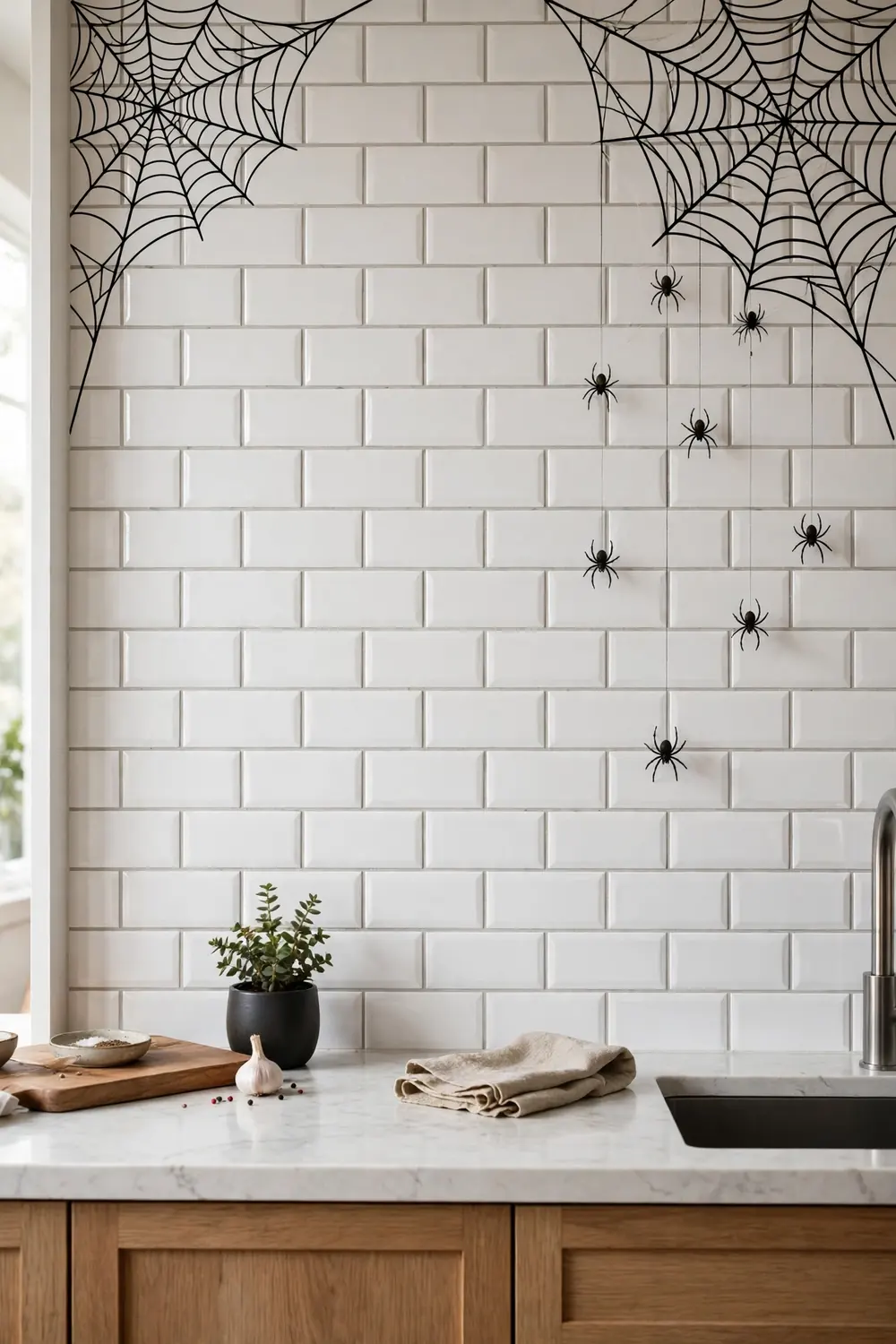 Spider web decals on a kitchen backsplash for Halloween Kitchen backsplash with removable spider web decals and hanging spiders for Halloween