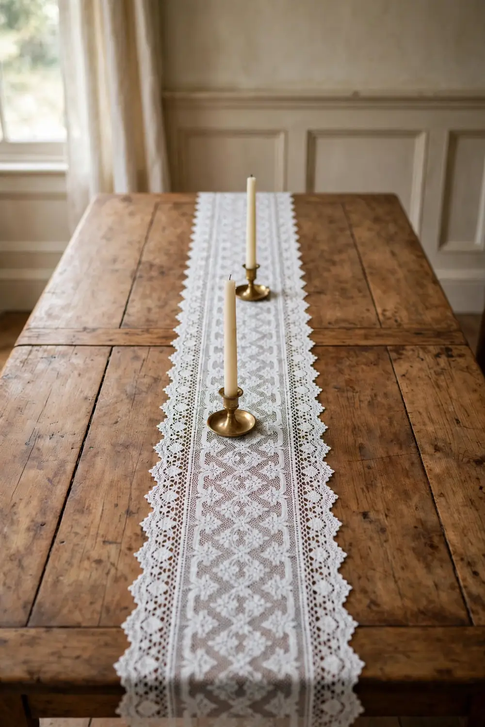 Minimalist Christmas decor ideas: a bare wooden dining table with a single delicate white lace runner and two taper candles