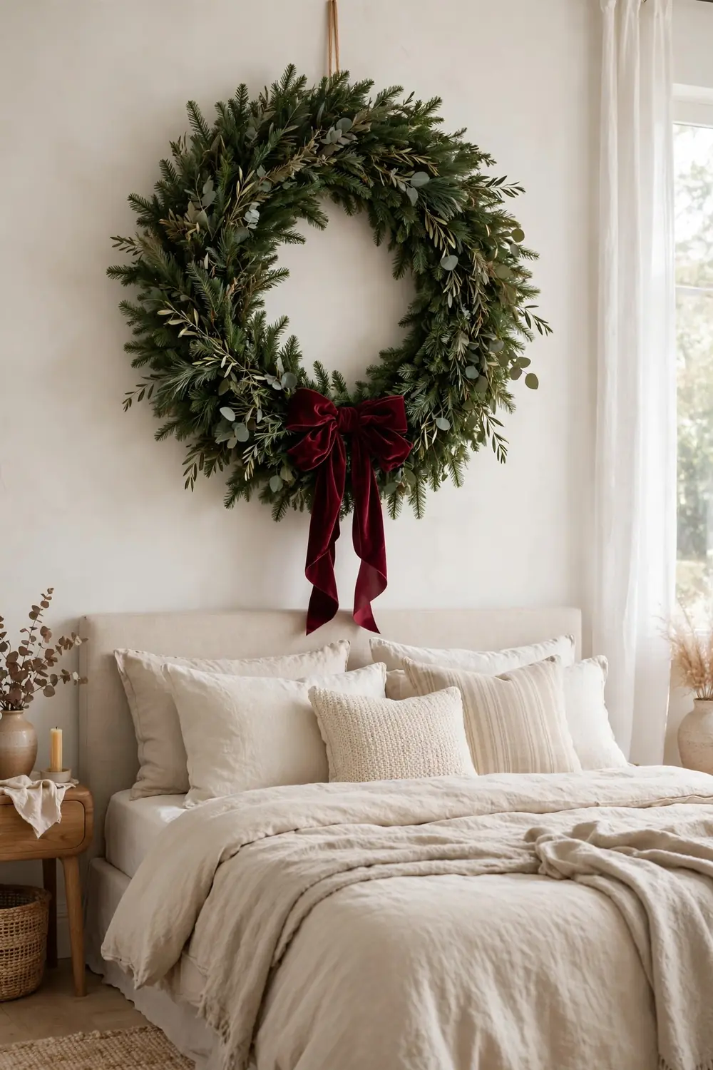 Oversized green Christmas wreath with burgundy velvet ribbon hung above a bed, a striking christmas bedroom decor idea