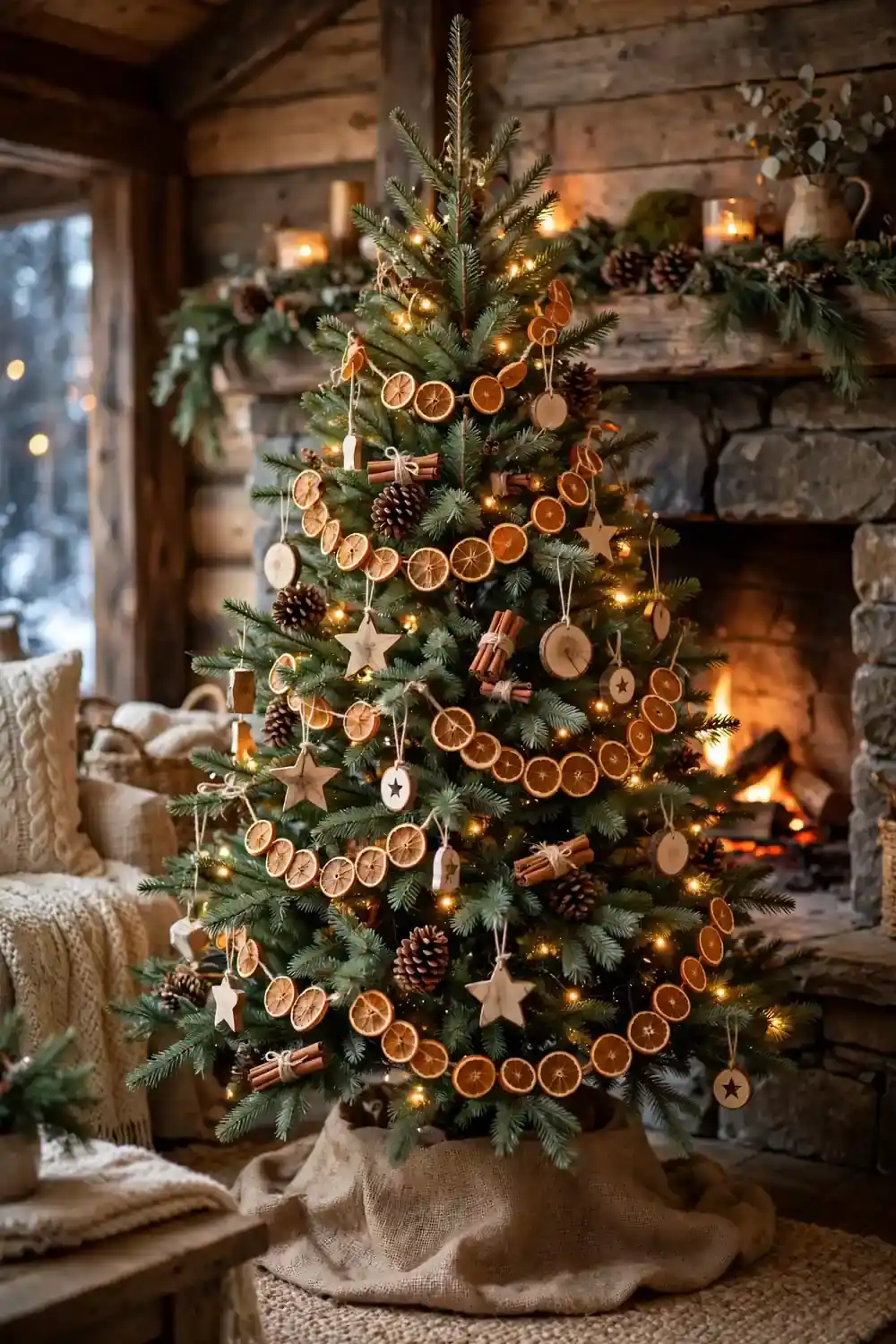 Natural christmas tree with dried orange slices and pinecones, a rustic christmas tree decor idea