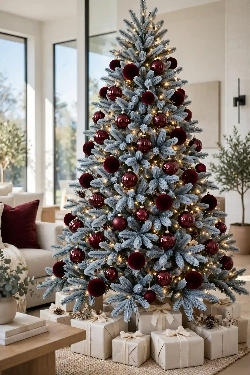Dusty sky blue Christmas tree with burgundy baubles Dusty sky blue flocked Christmas tree decorated with burgundy baubles