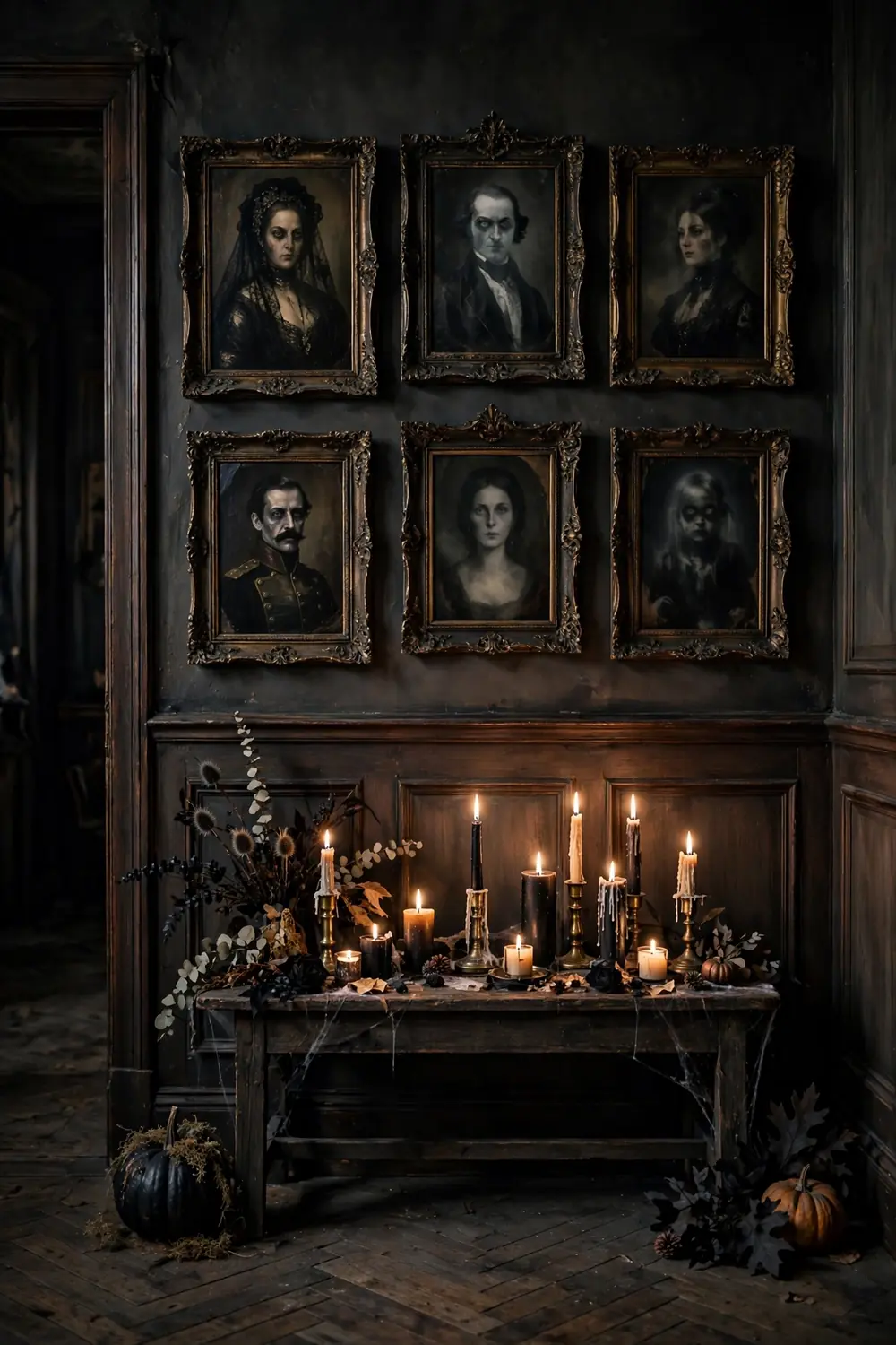Eerie portrait gallery swap for halloween entryway decor ideas