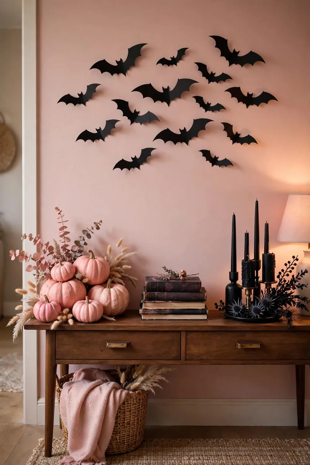 Pink Halloween entryway console table styling with bats