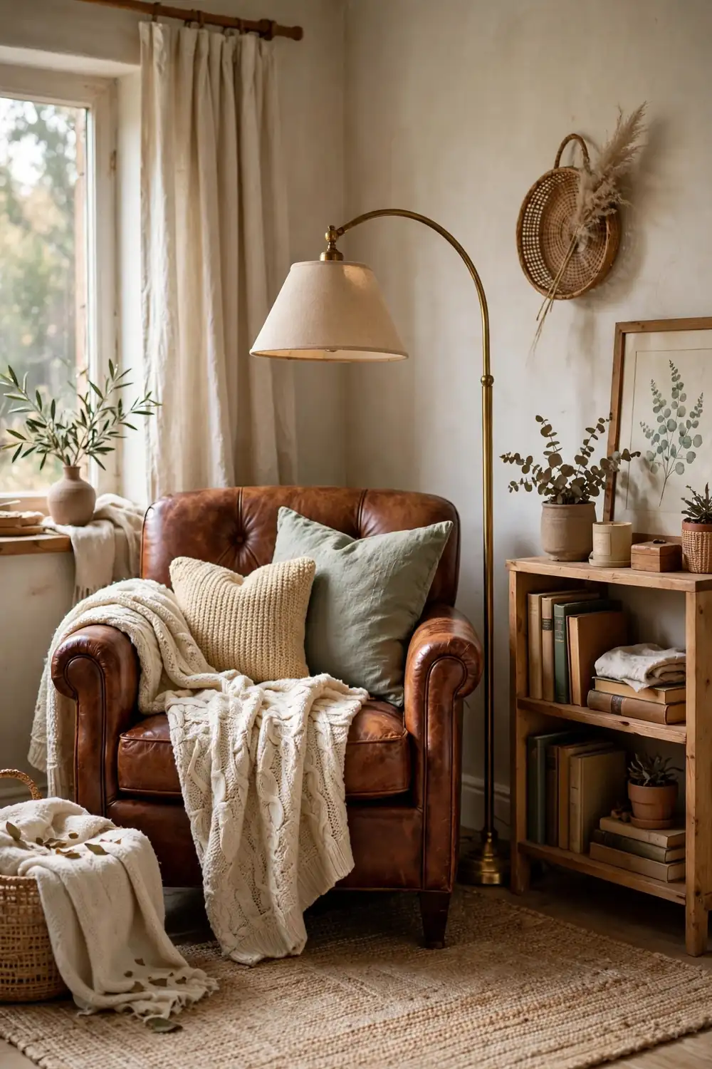 Cozy Reading Nook in the Bedroom Fall bedroom decor reading nook with a leather armchair, knit throw and brass floor lamp