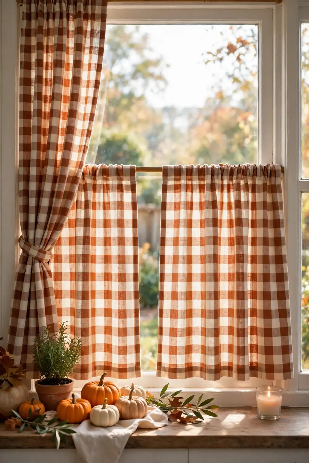 Fall cafe curtains and styled windowsill for Thanksgiving kitchen Thanksgiving kitchen decor ideas with fall gingham cafe curtains and mini pumpkins on the windowsill