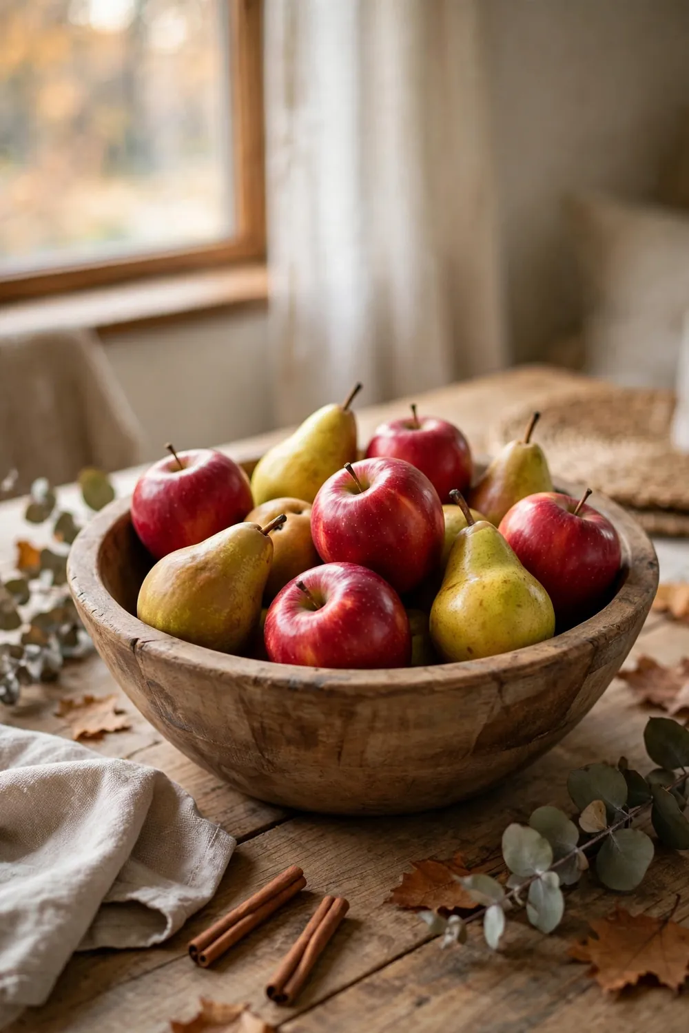 Apple and Pear Bowl Centerpiece Cozy fall dining room centerpiece of red apples and pears in a wooden dough bowl