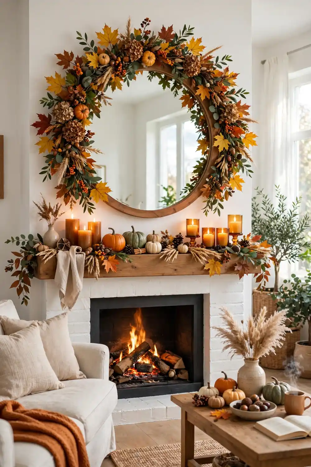 Thanksgiving mantel decor ideas with a round mirror framed by fall foliage, maple leaves, and amber candles