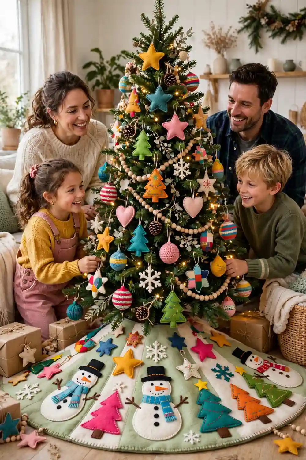 Felt craft Christmas tree skirt idea Handmade felt Christmas tree skirt with applique snowmen stars and mini trees