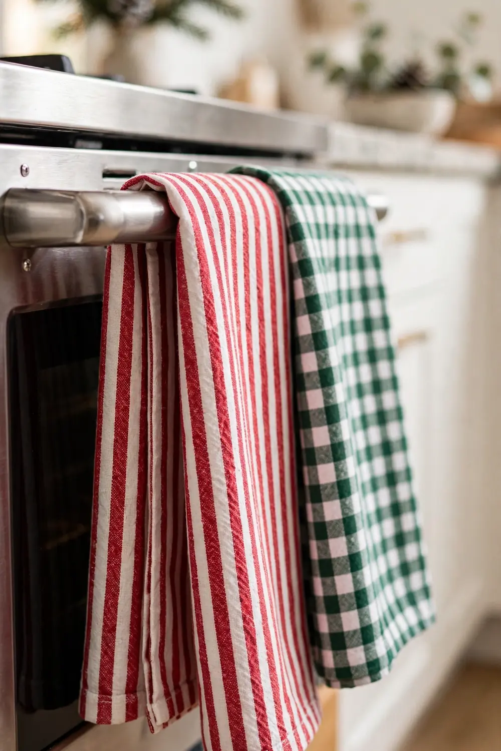 Festive striped and checked Christmas tea towels hanging on an oven handle, a simple christmas kitchen decor idea