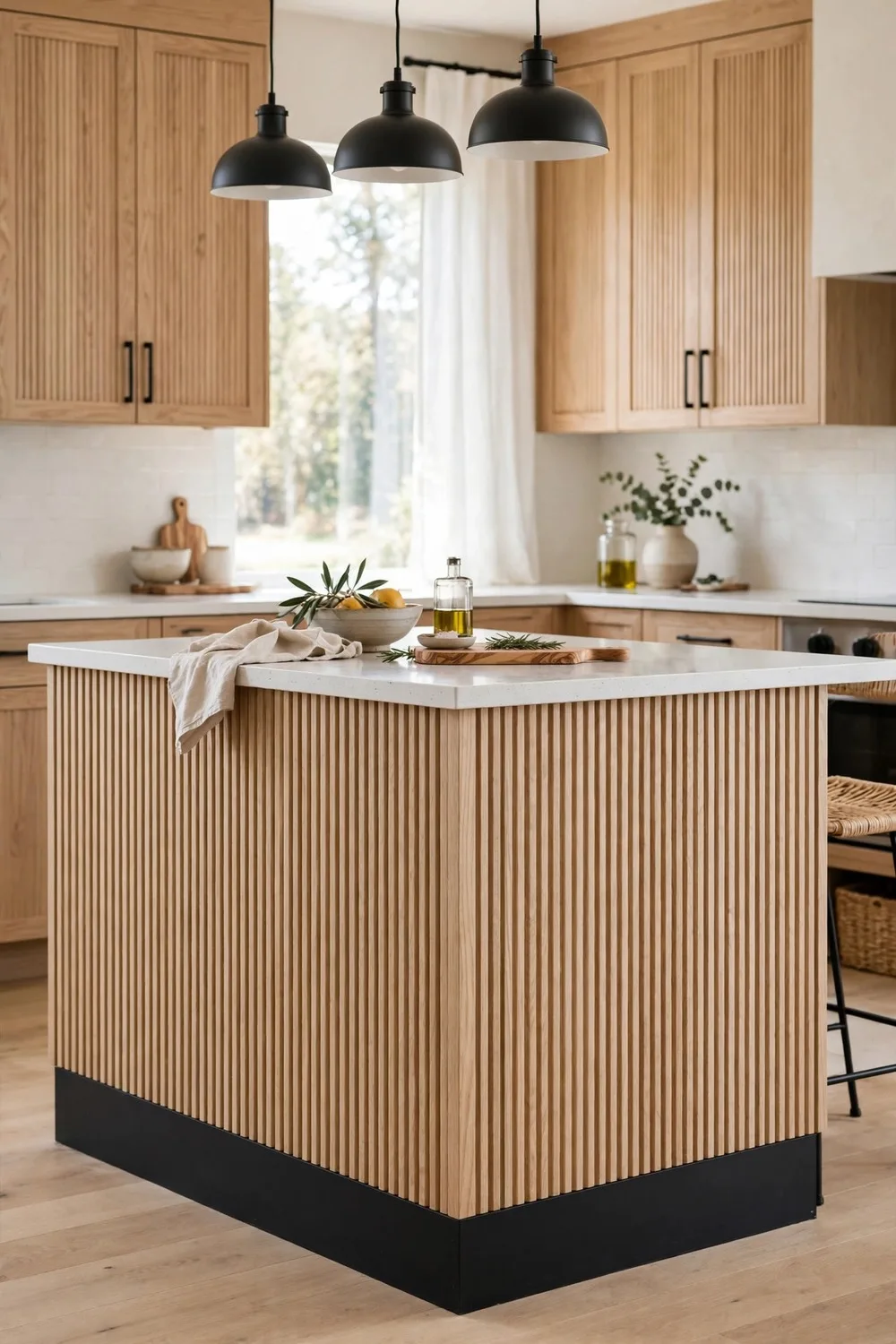 White oak and black kitchen ideas with fluted oak island panels and black base