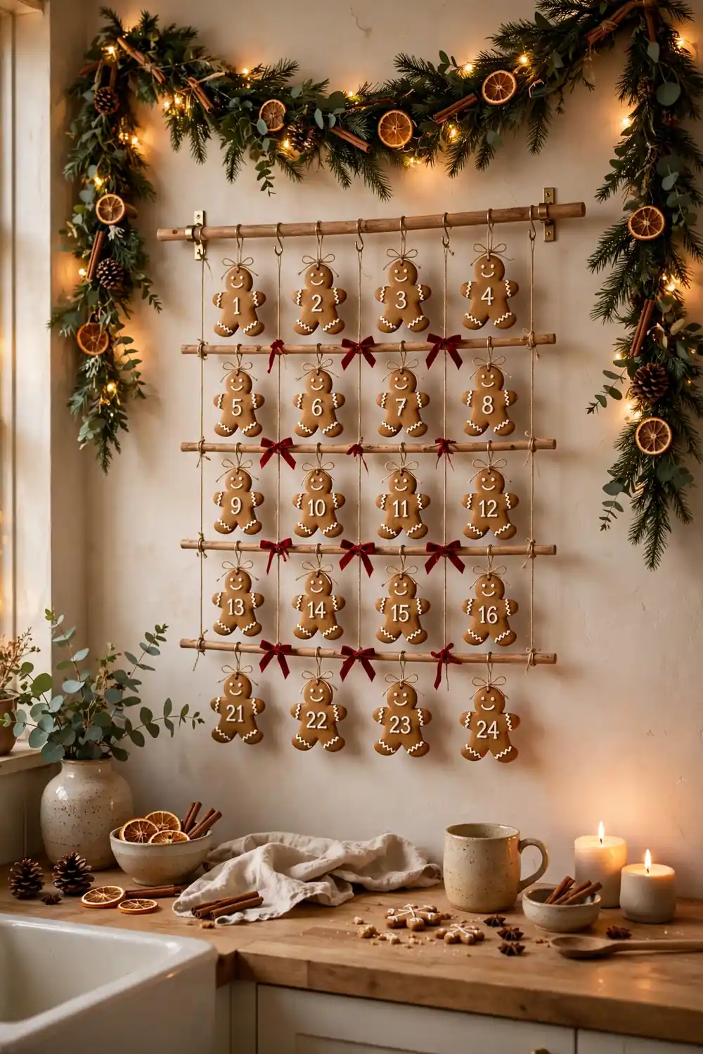 Gingerbread cookie advent calendar wall Gingerbread Christmas decor ideas with a cookie advent calendar wall above the counter