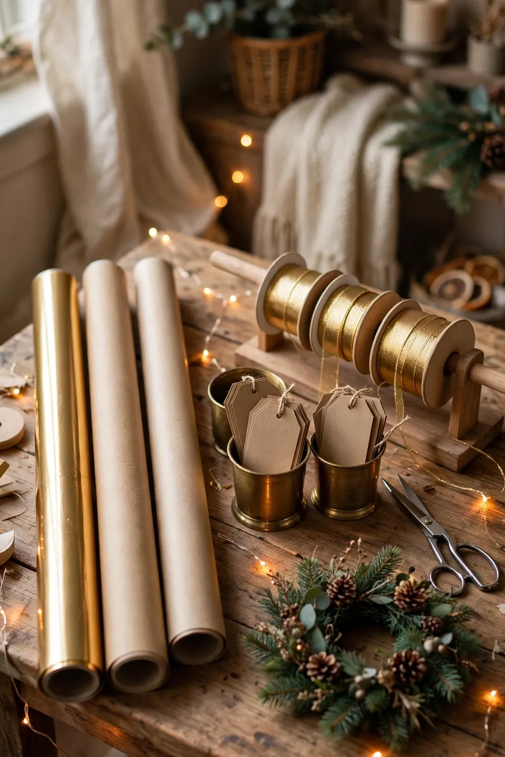 Gold Christmas Gift Wrapping Station Christmas gift wrapping station with gold wrapping paper rolls, ribbons and gift tags on a table