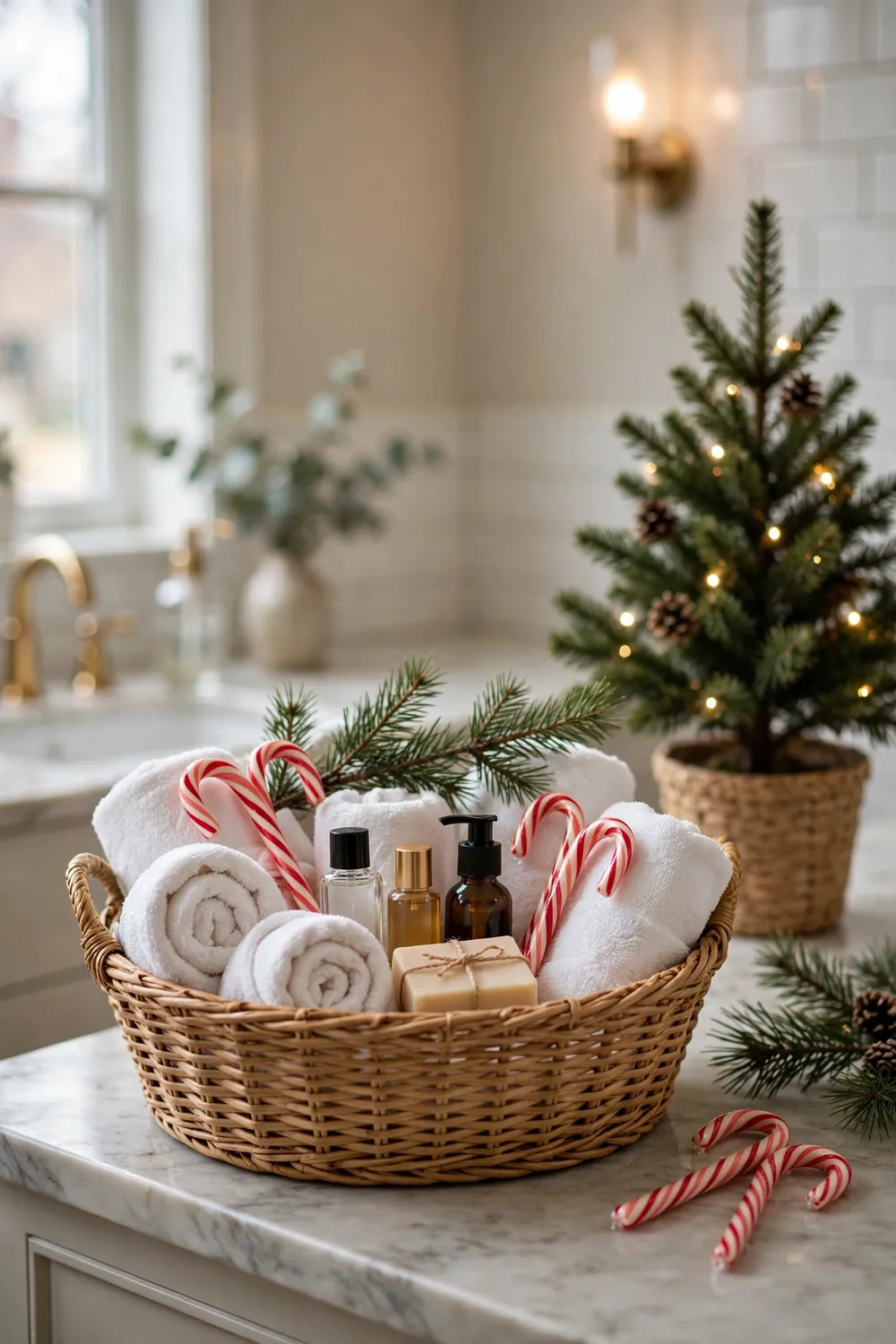 Guest welcome basket with rolled towels, holiday soap and treats in a christmas decorated bathroom