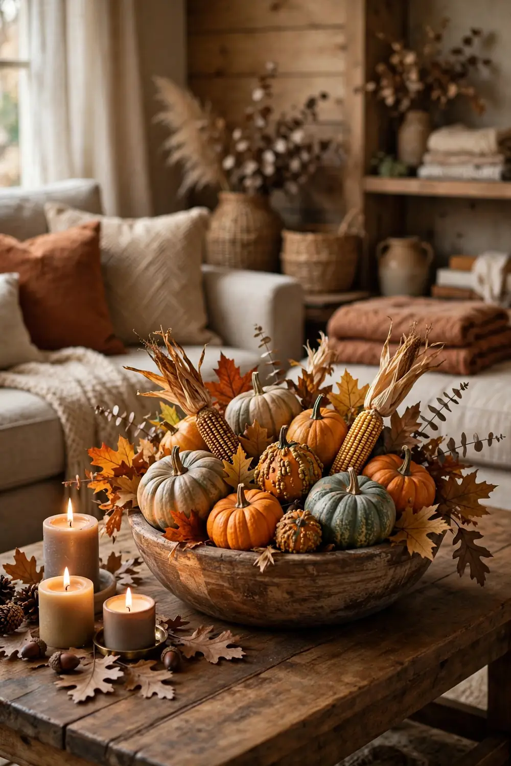 Harvest Centerpiece With Gourds and Candles Harvest gourd centerpiece halloween living room decor ideas with pumpkins, gourds and candles on a coffee table