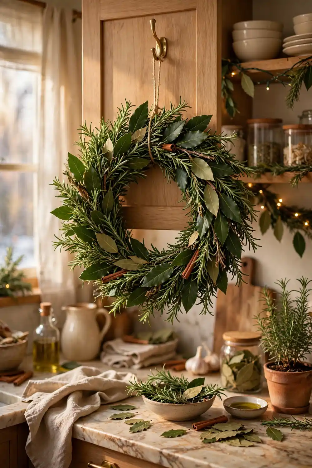 Fresh herb christmas wreath ideas with rosemary and bay leaves in a cozy kitchen