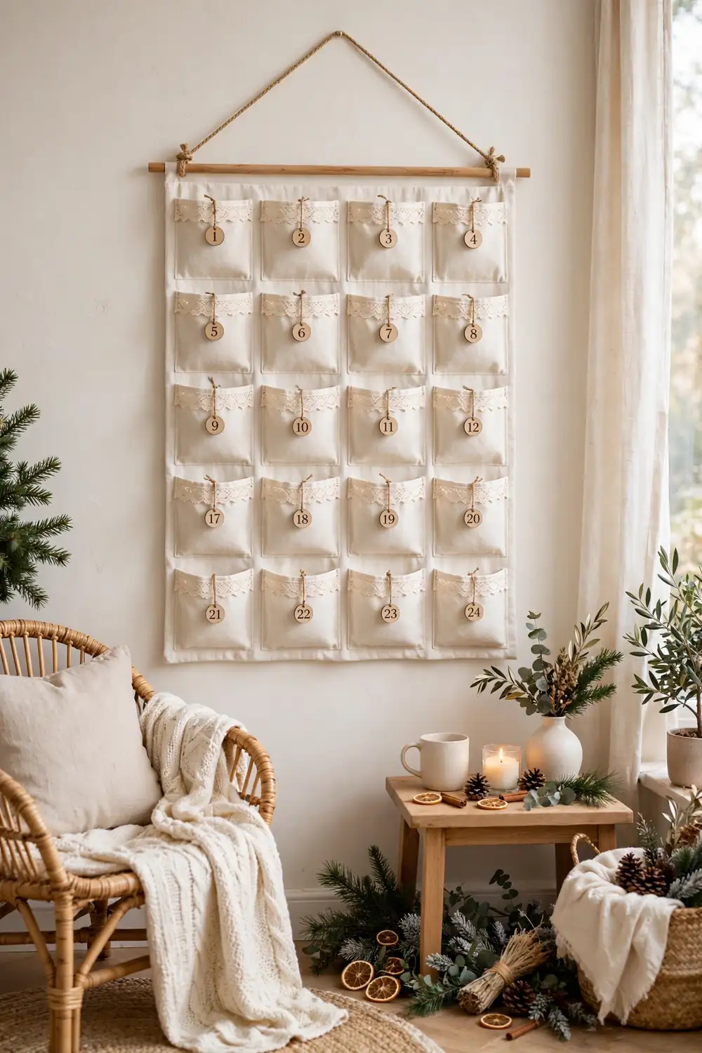 Fabric advent calendar with lace-trimmed pockets