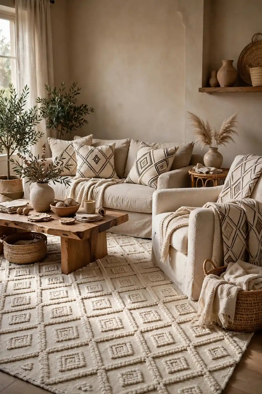 Berber motif decor layered living room with rug pillows and throw