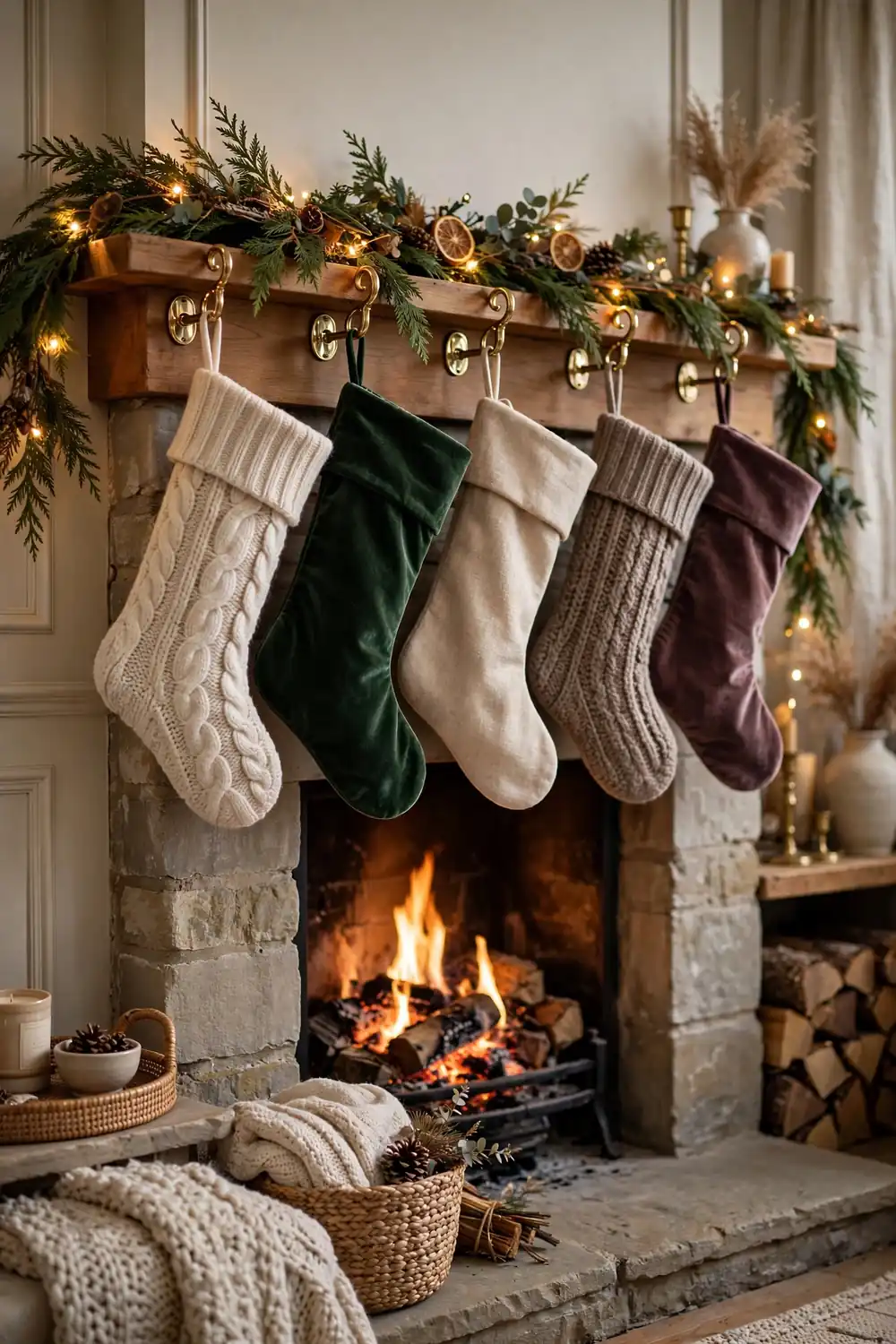 Christmas mantel decor idea with layered stockings and brass holders Layered stockings with brass holders in mixed textures, a cozy christmas mantel decor idea