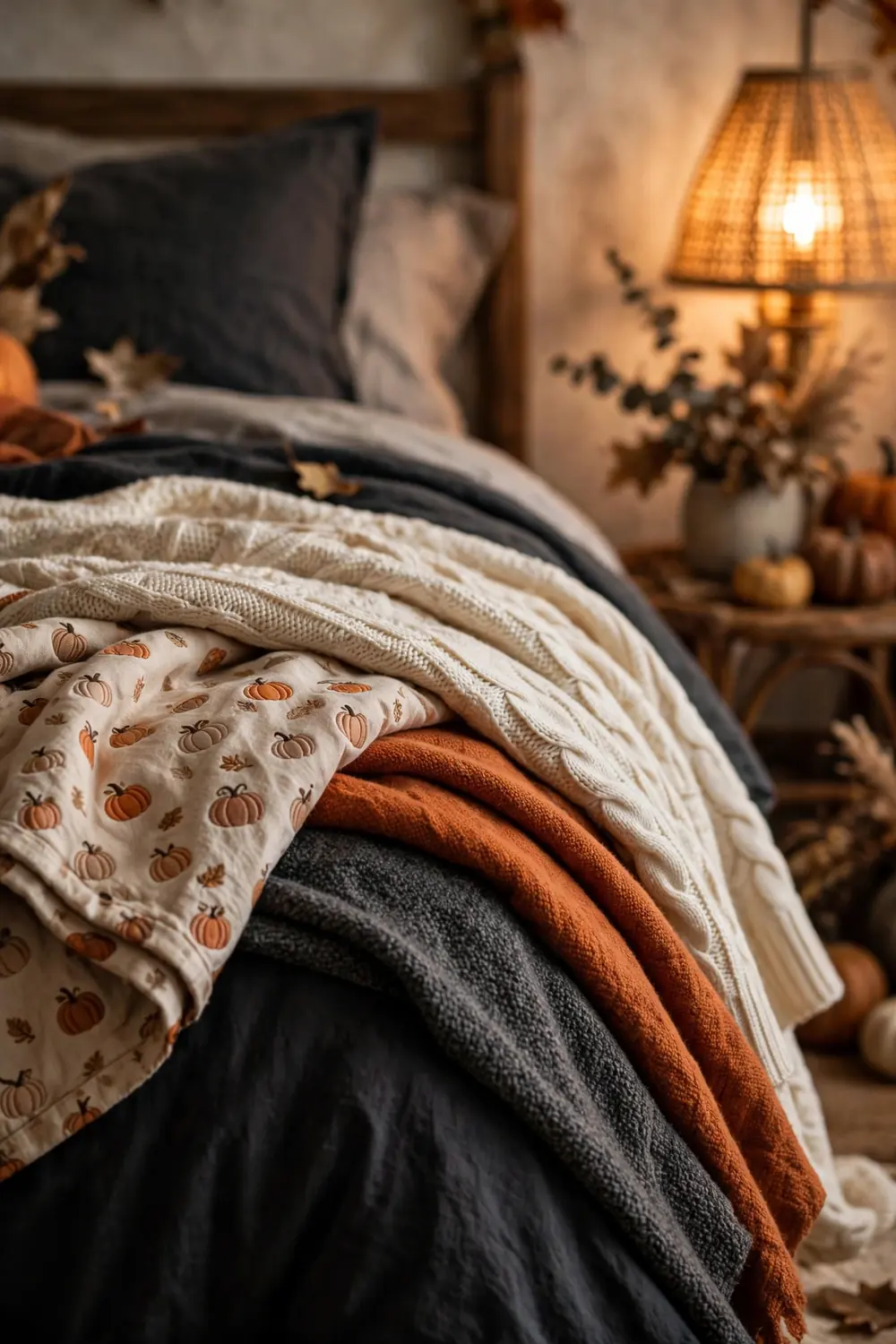 Cozy layered throws at the foot of a Halloween bed Layered cozy throws at the foot of a bed, a warm halloween bedroom decor idea