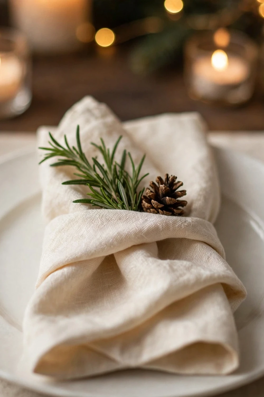 Napkin folding with fresh sprigs for elegant christmas place settings Elegant napkin folding with fresh rosemary sprigs at christmas place settings, a detailed christmas dining room decor idea