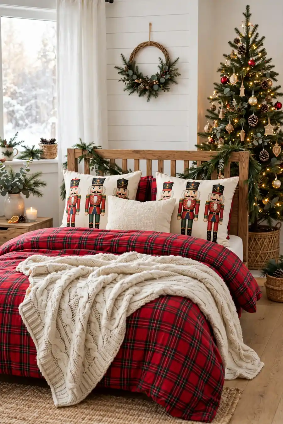 Nutcracker Print Throw Pillows Nutcracker-print throw pillows on red plaid Christmas bedding