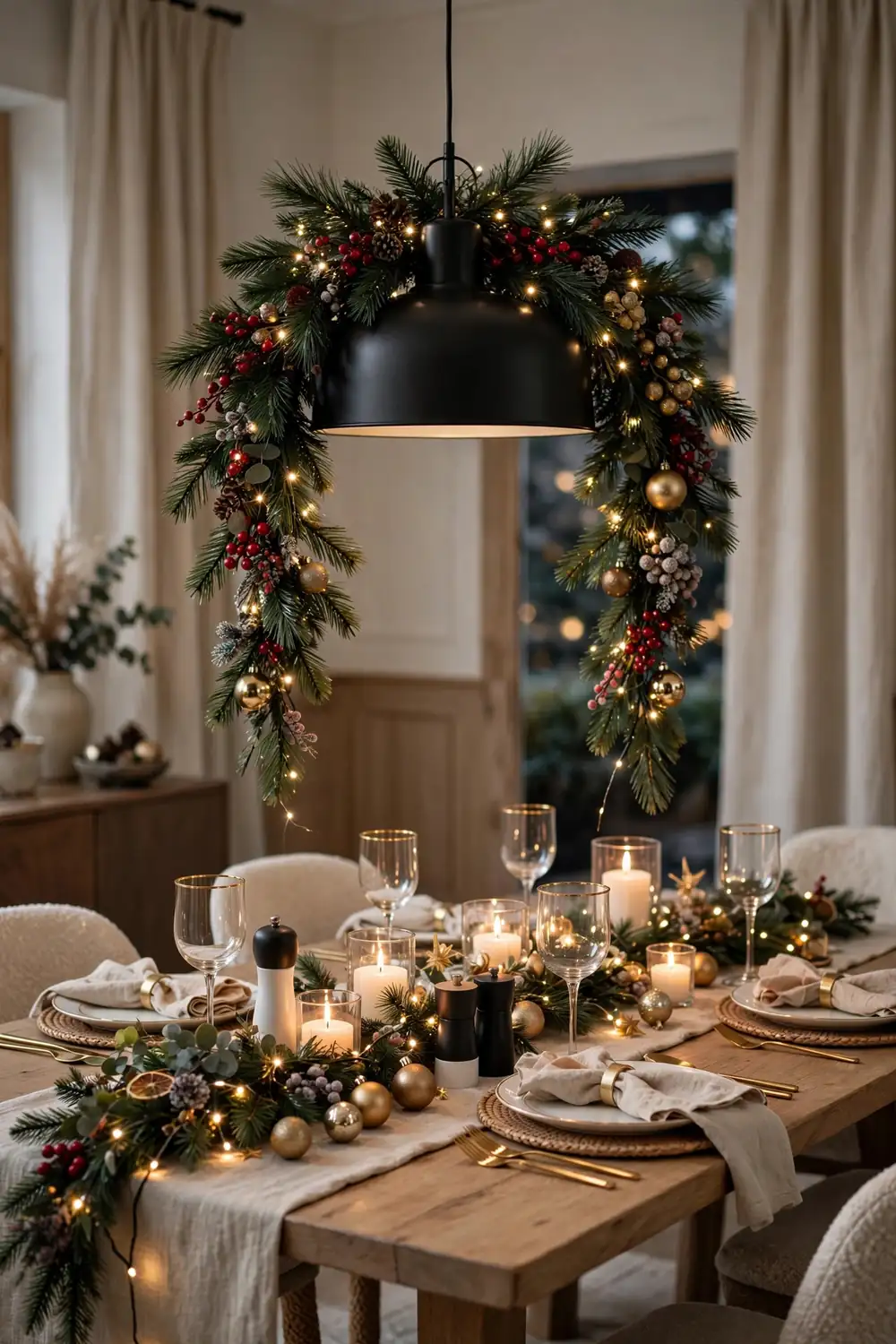 Christmas garland decor ideas draped over a dining room pendant light above a set holiday table