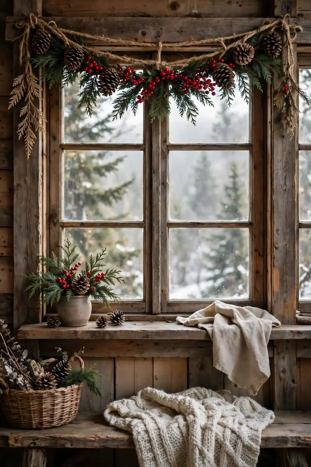Pinecone and greenery valance hung across the top of a Christmas window, rustic christmas window decor ideas
