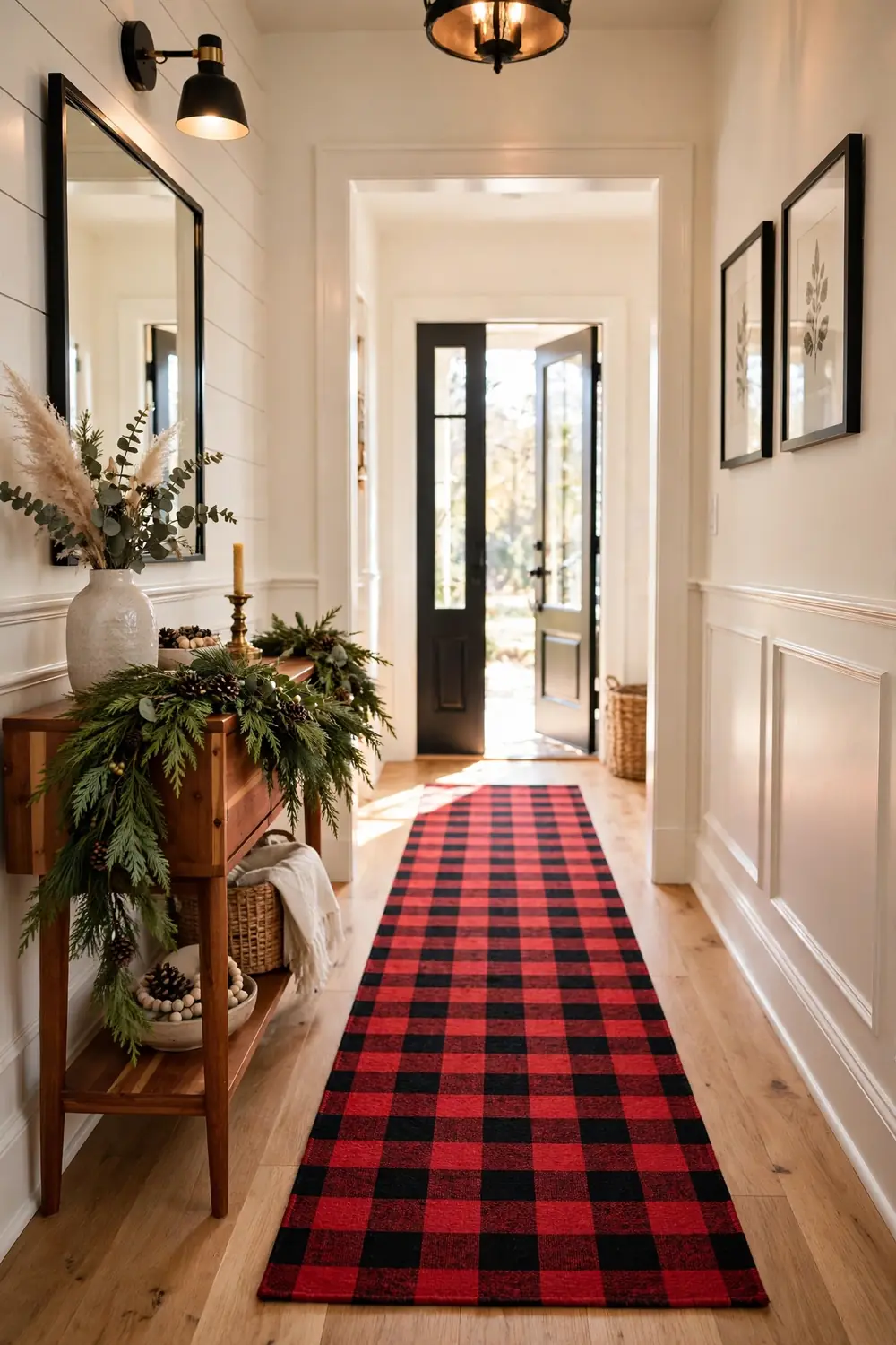 Buffalo plaid runner down the entryway hallway Red and black buffalo plaid runner in a bright hallway, classic christmas entryway decor ideas
