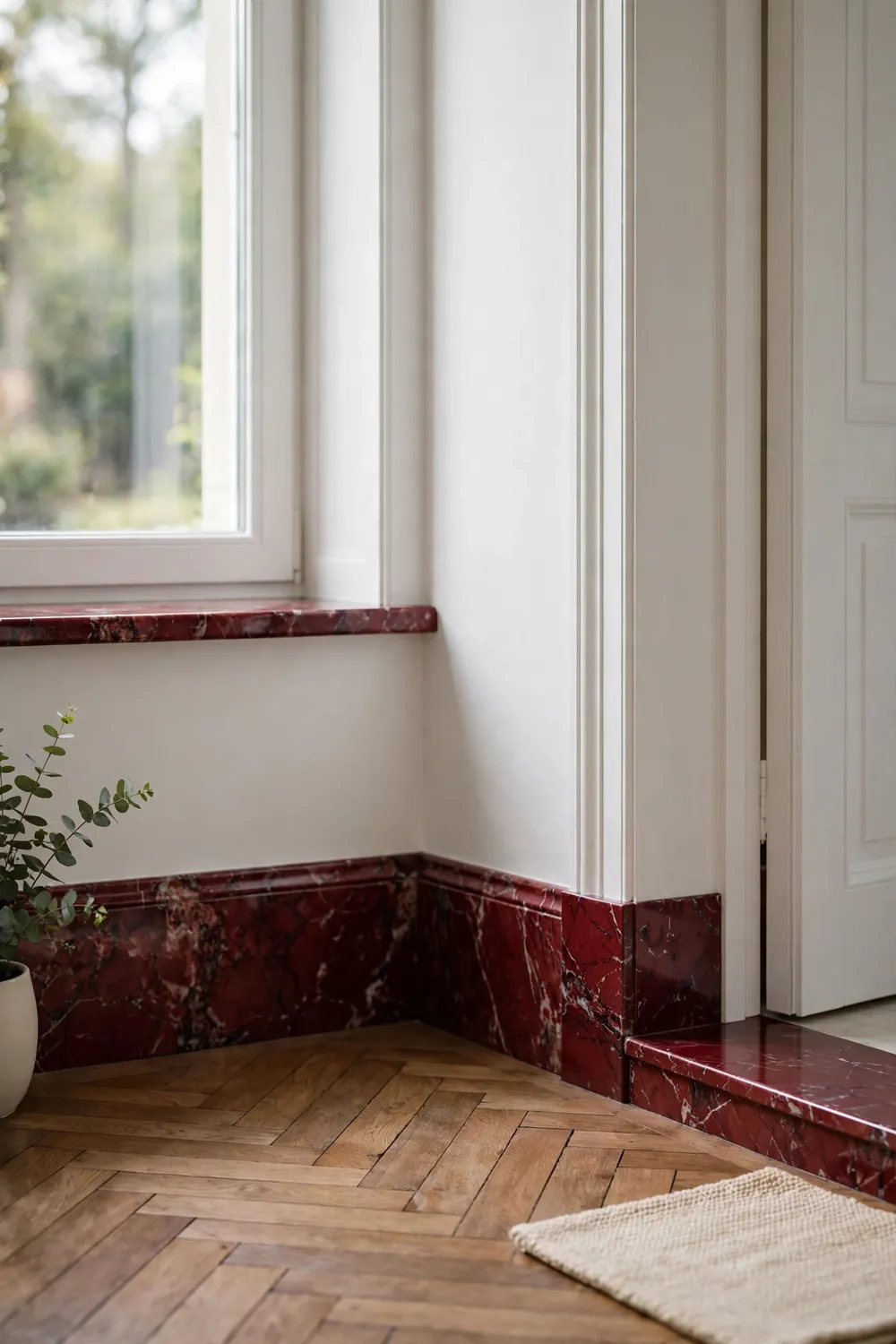Red Marble Trim Details: Sills, Thresholds, and Baseboards Red marble bathroom trim details on window sill and door threshold in burgundy stone