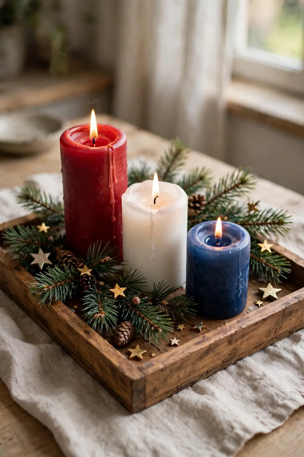 Red White and Blue Candle Cluster Red white and blue candle cluster as Americana Christmas decor on a tray