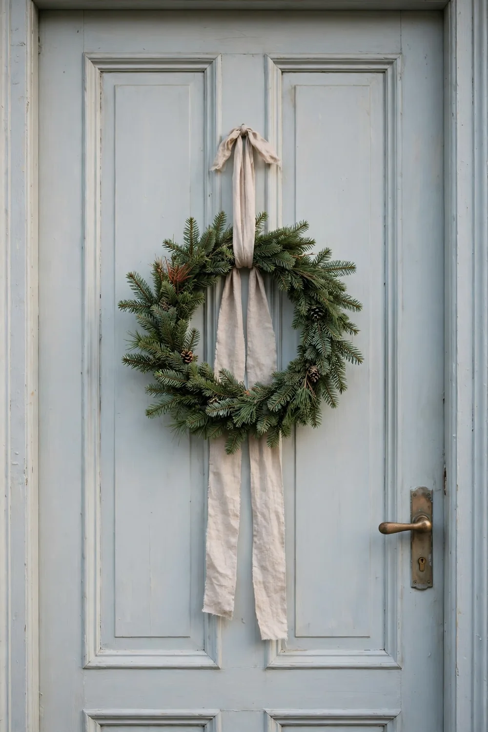 Simple evergreen wreath on a wooden door Simple evergreen wreath with linen ribbon hanging on a wooden door