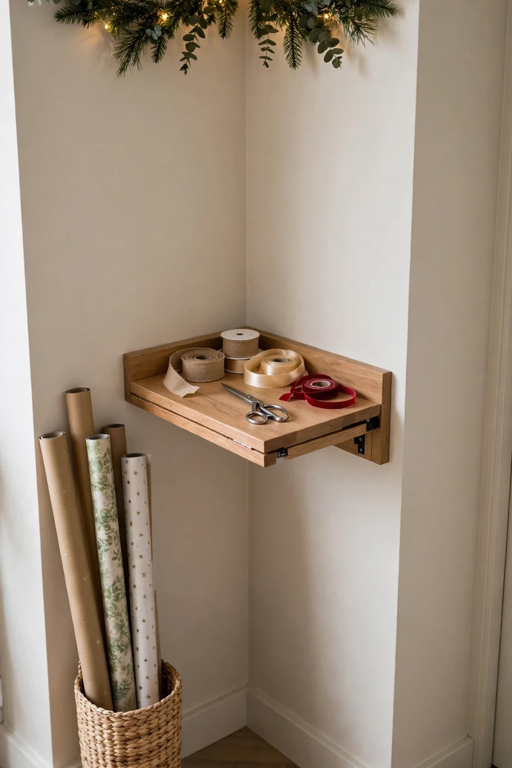 Fold down wrapping table in a small apartment corner with supply bins, a smart christmas wrapping station idea for tiny homes