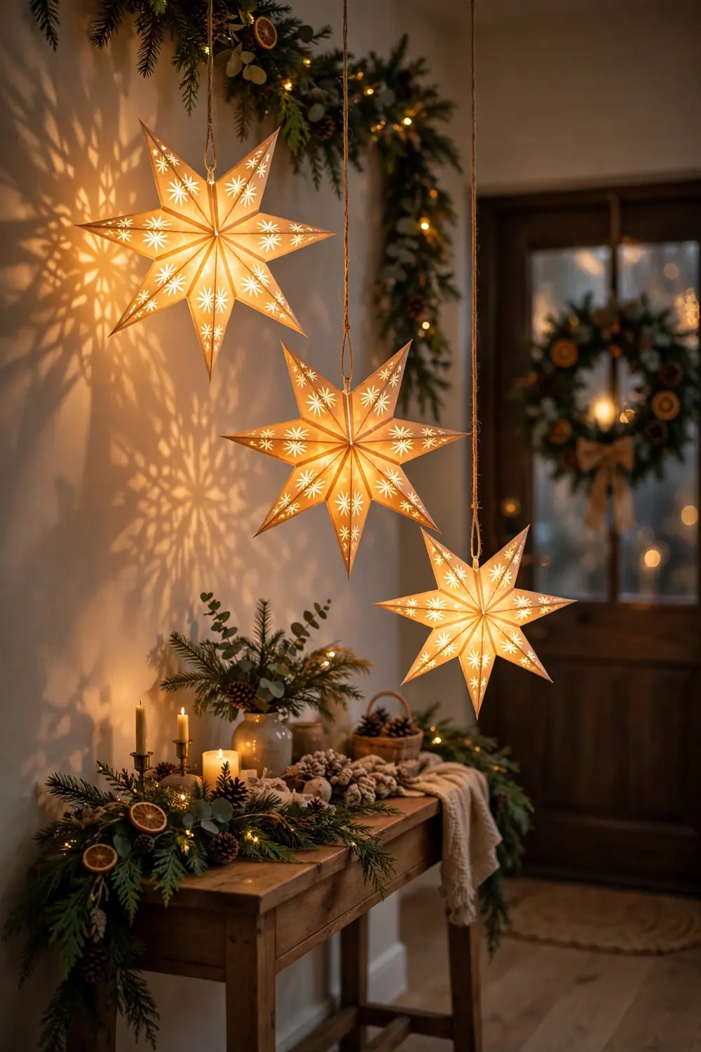 Glowing star lanterns hanging in an entryway, a trendy christmas candle decor idea with star motifs