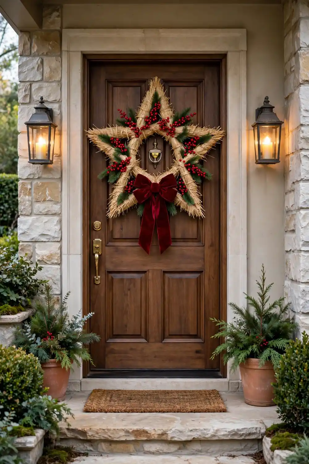 Star Shaped Wreath Front Door Natural straw star-shaped Christmas wreath with red berries on a front door — star motif Christmas decor
