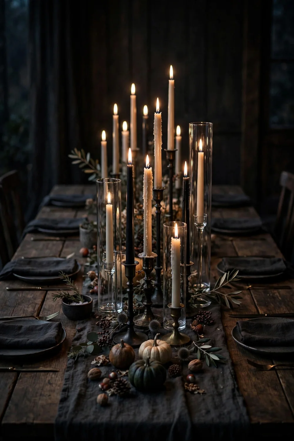 Dramatic Thanksgiving table lined with taper candles in varied holders