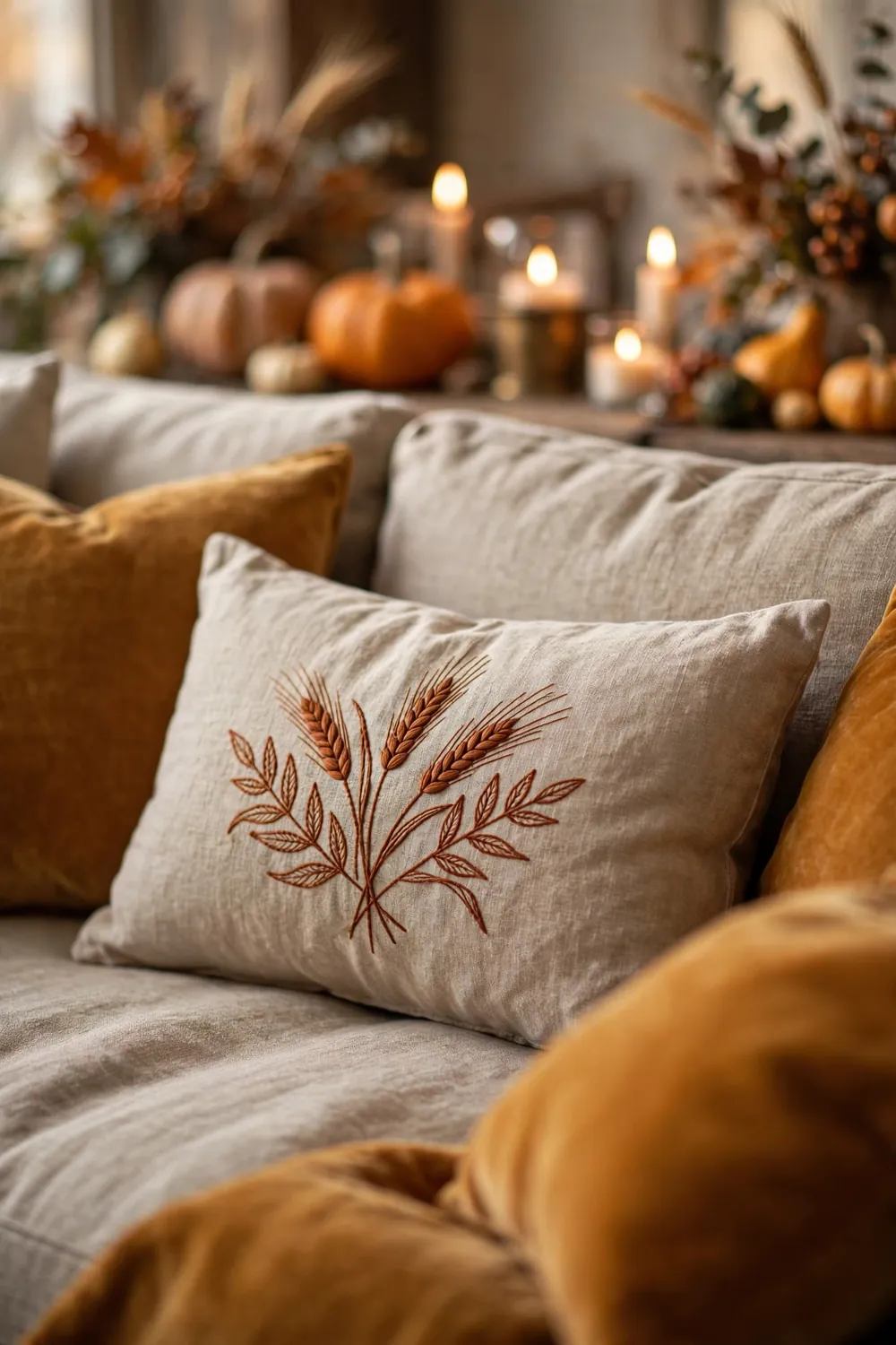 Subtle Thanksgiving Motif Accent Embroidered gather pillow on a sofa in a harvest styled living room, a festive thanksgiving living room decor idea