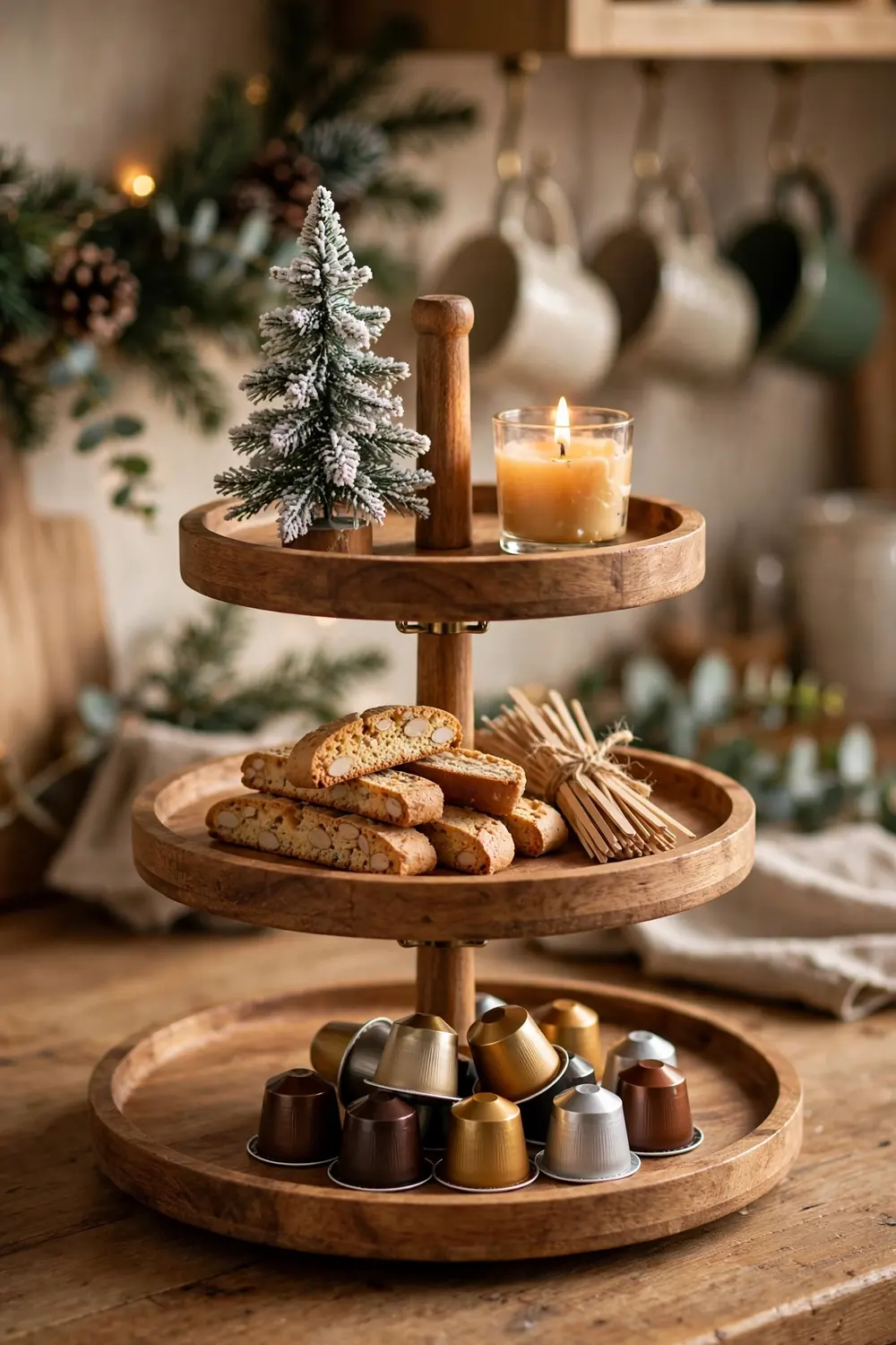 Tiered Tray Coffee Display Tiered tray coffee display with pods and treats, space saving christmas coffee bar decor ideas